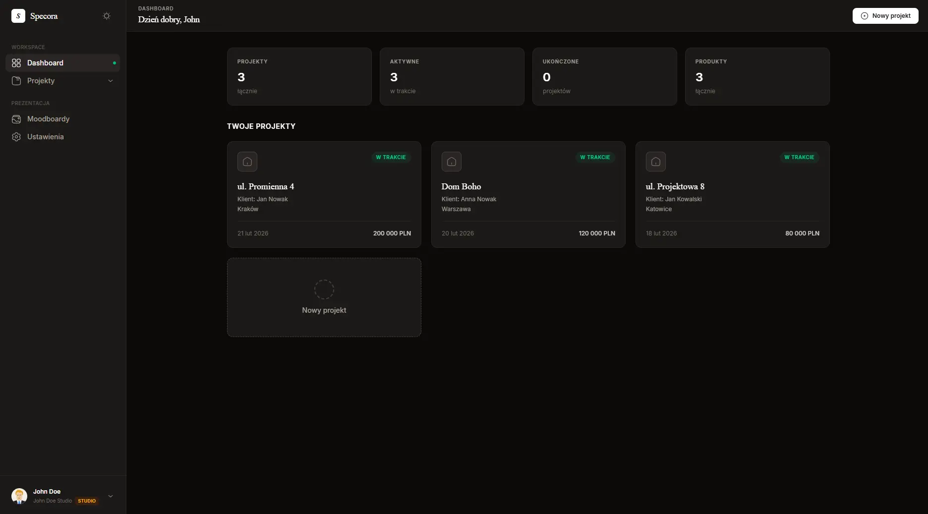 Specora — główny dashboard z listą projektów wnętrzarskich