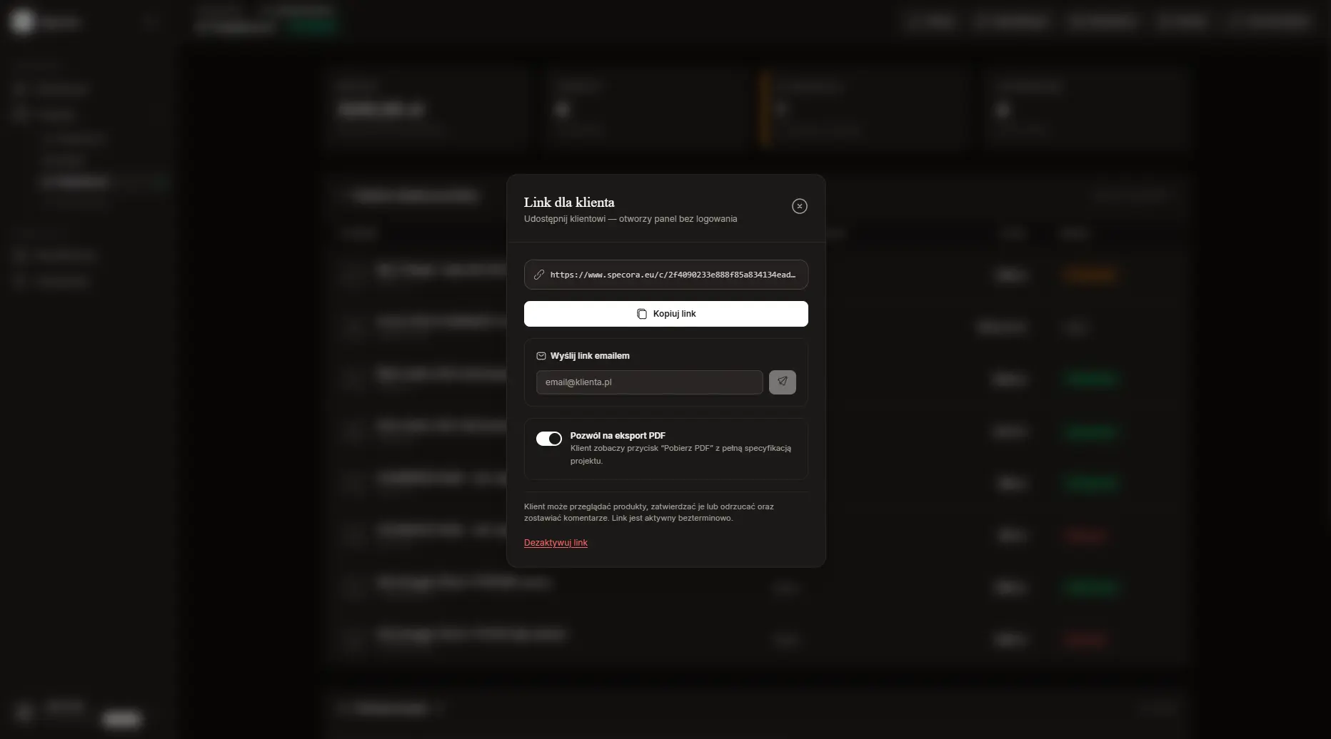 Generowanie linku dla klienta projektu wnętrzarskiego