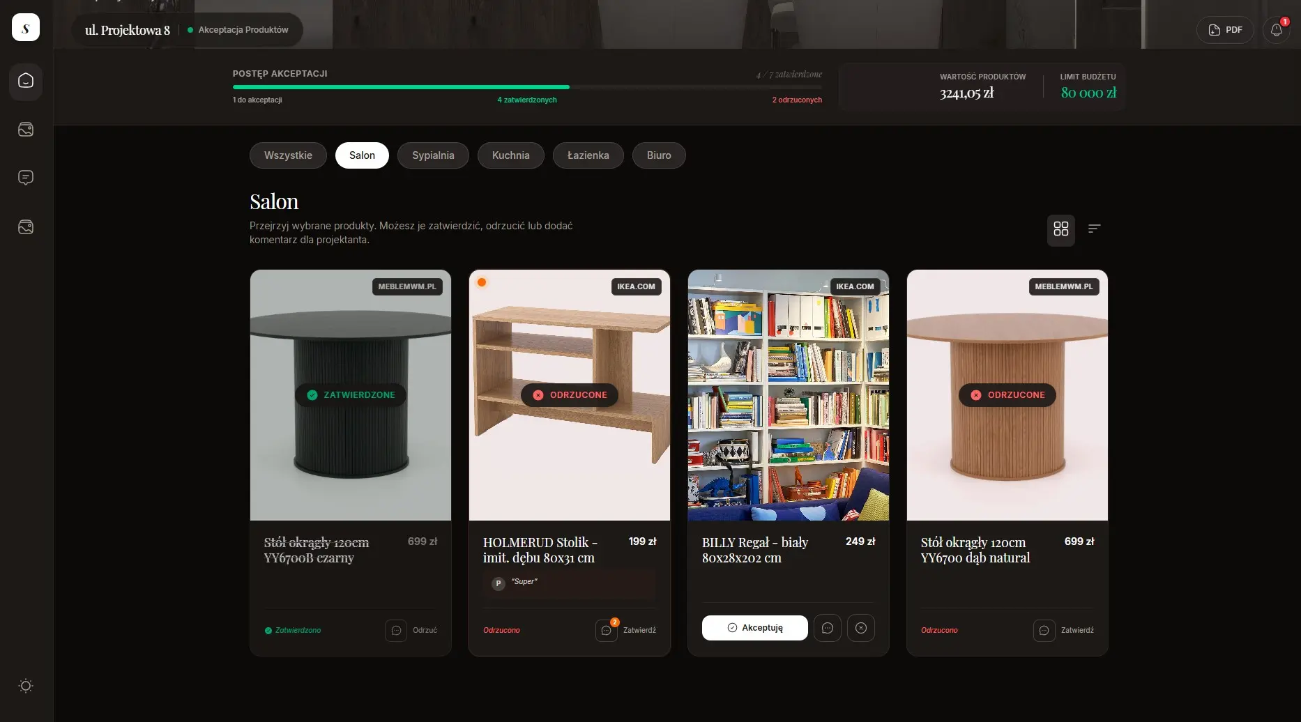 Panel klienta Specora — lista produktów do akceptacji