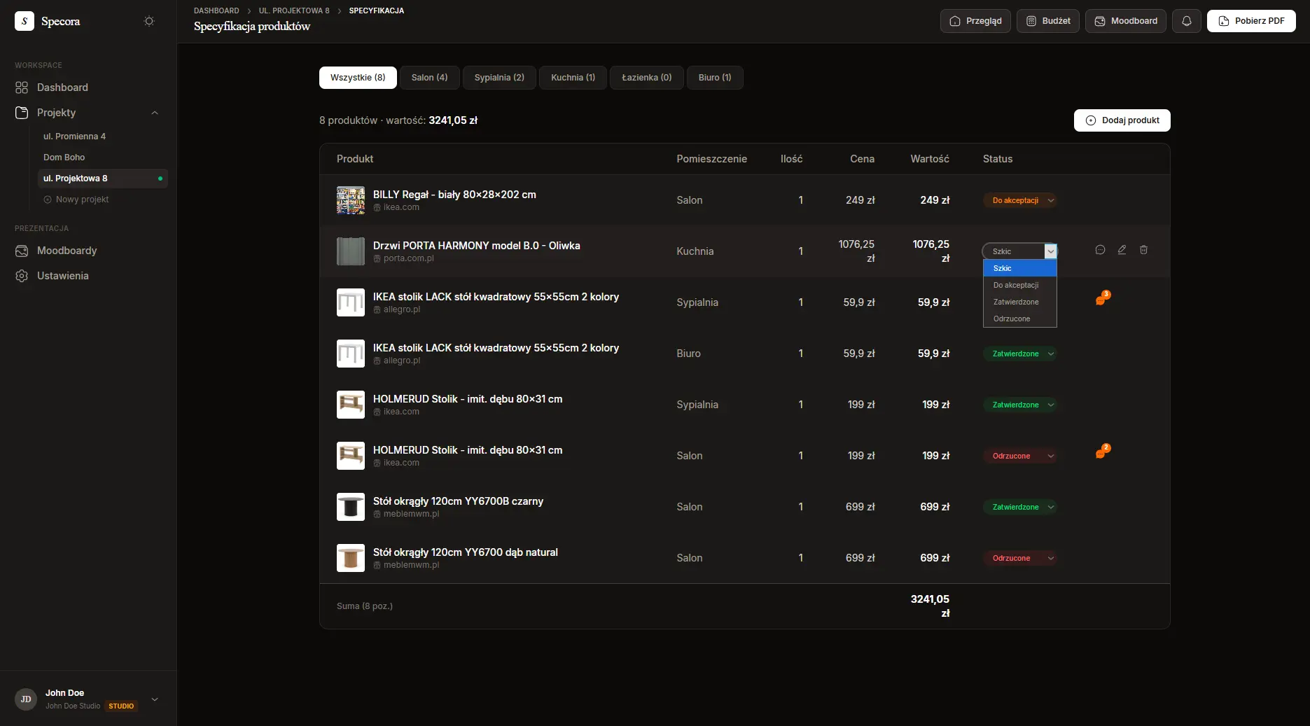 Generowanie specyfikacji PDF projektu wnętrzarskiego